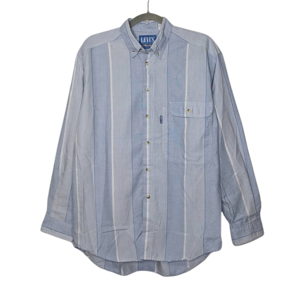 Vintage Levi's Big E Stripe Button Shirt Collar Dress Medium Blue VTG